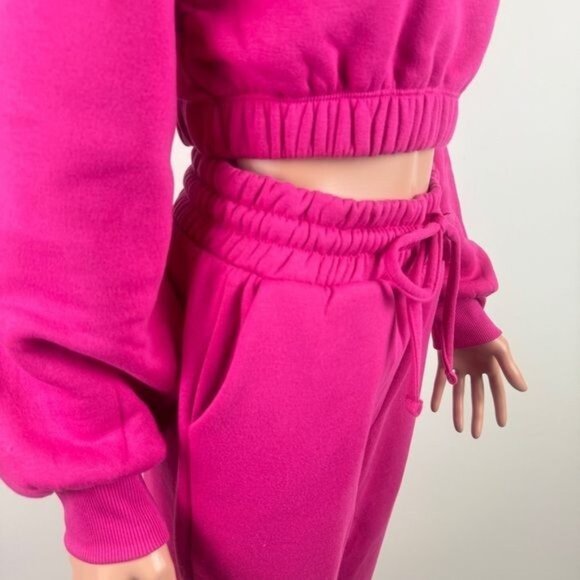 Zenana 2 Pcs Crop Sweatshirt Tracksuit High Waist Jogger Set Active Hot Pink - Picture 9 of 13